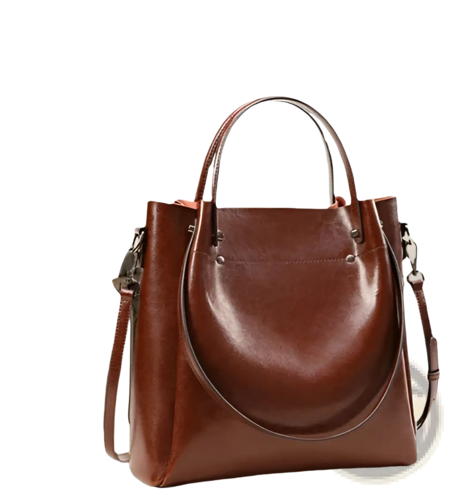 Brown large capacity faux leather tote shoulder bag with top handles and detachable shoulder strap