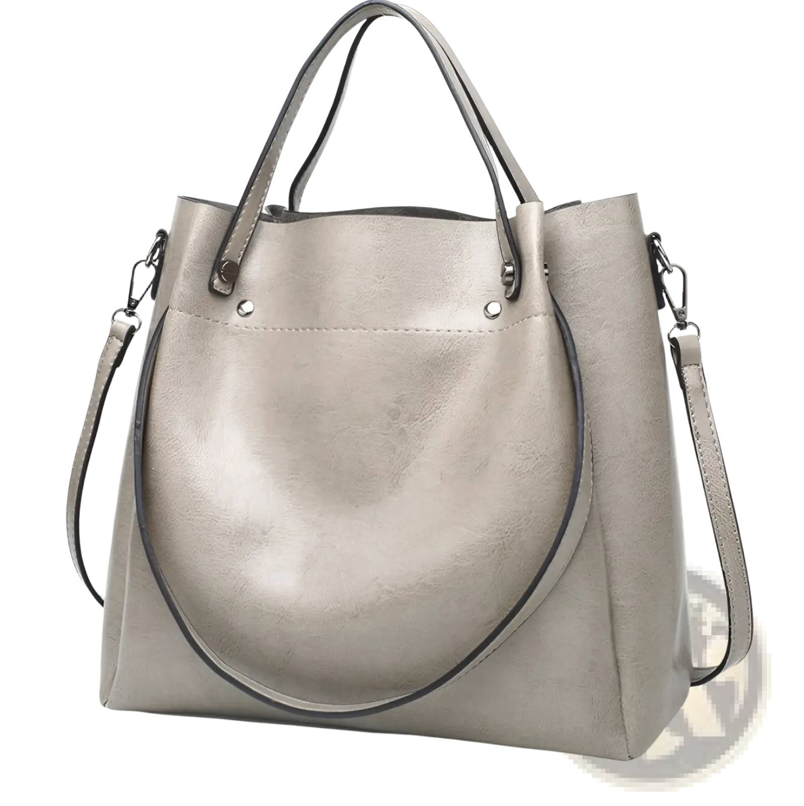 Large capacity taupe faux leather bucket bag with black trim and adjustable shoulder strap for versatile use