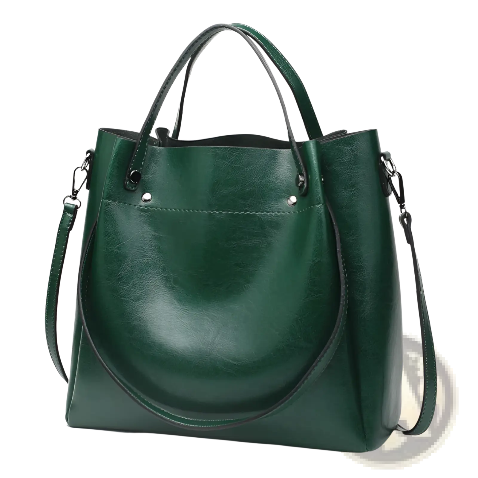 Deep green large capacity faux leather tote shoulder bag with black handles and adjustable shoulder strap