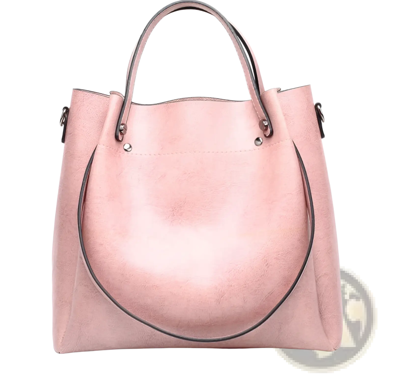 Large capacity faux leather tote shoulder bag in soft pink with contrasting black trim and handles