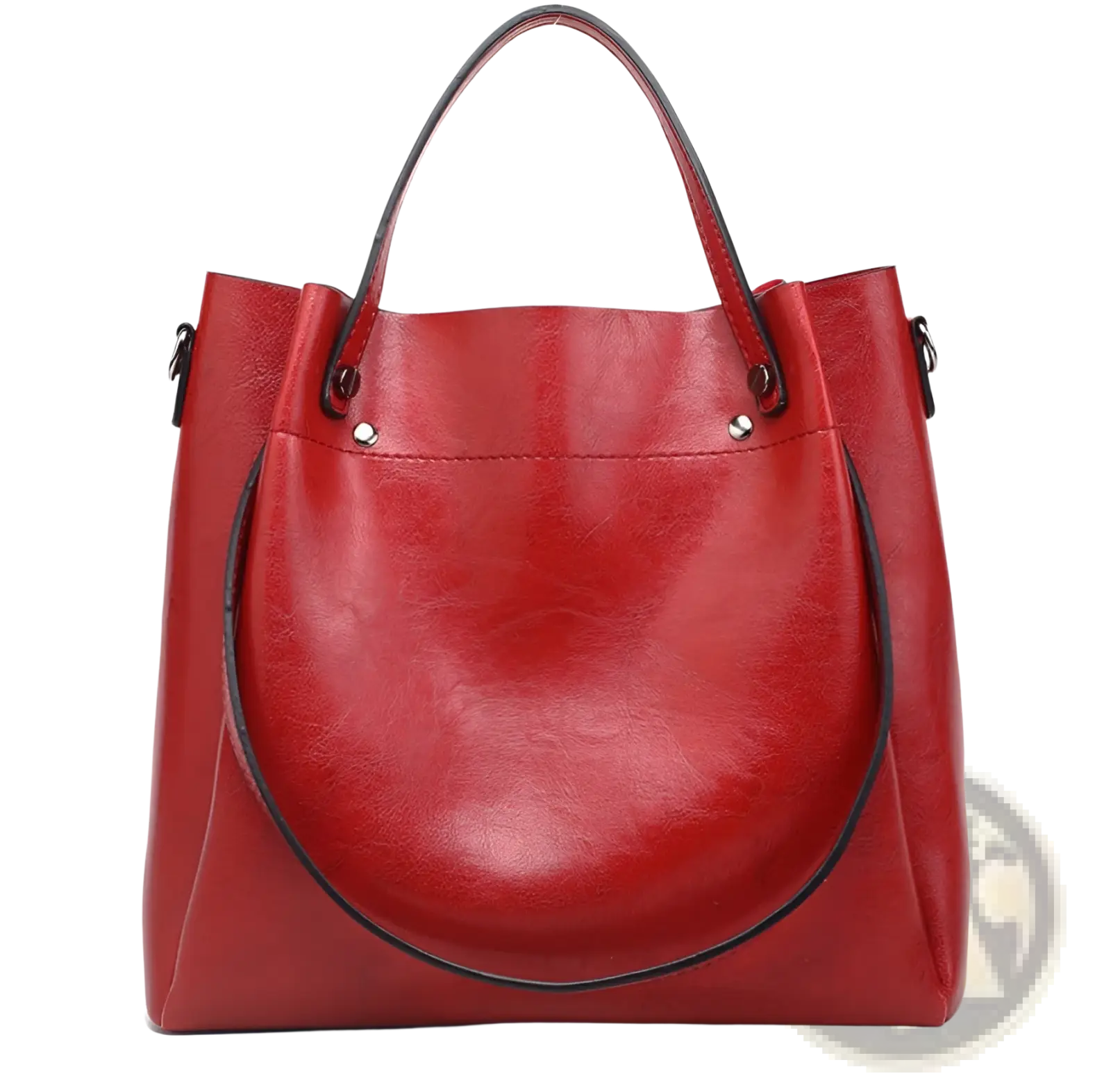 Large capacity red faux leather tote shoulder bag with black trim and silver toned hardware for versatile use