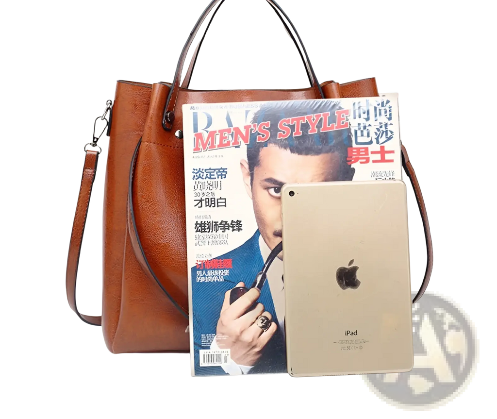 Large capacity brown faux leather tote shoulder bag with structured handles and detachable shoulder strap