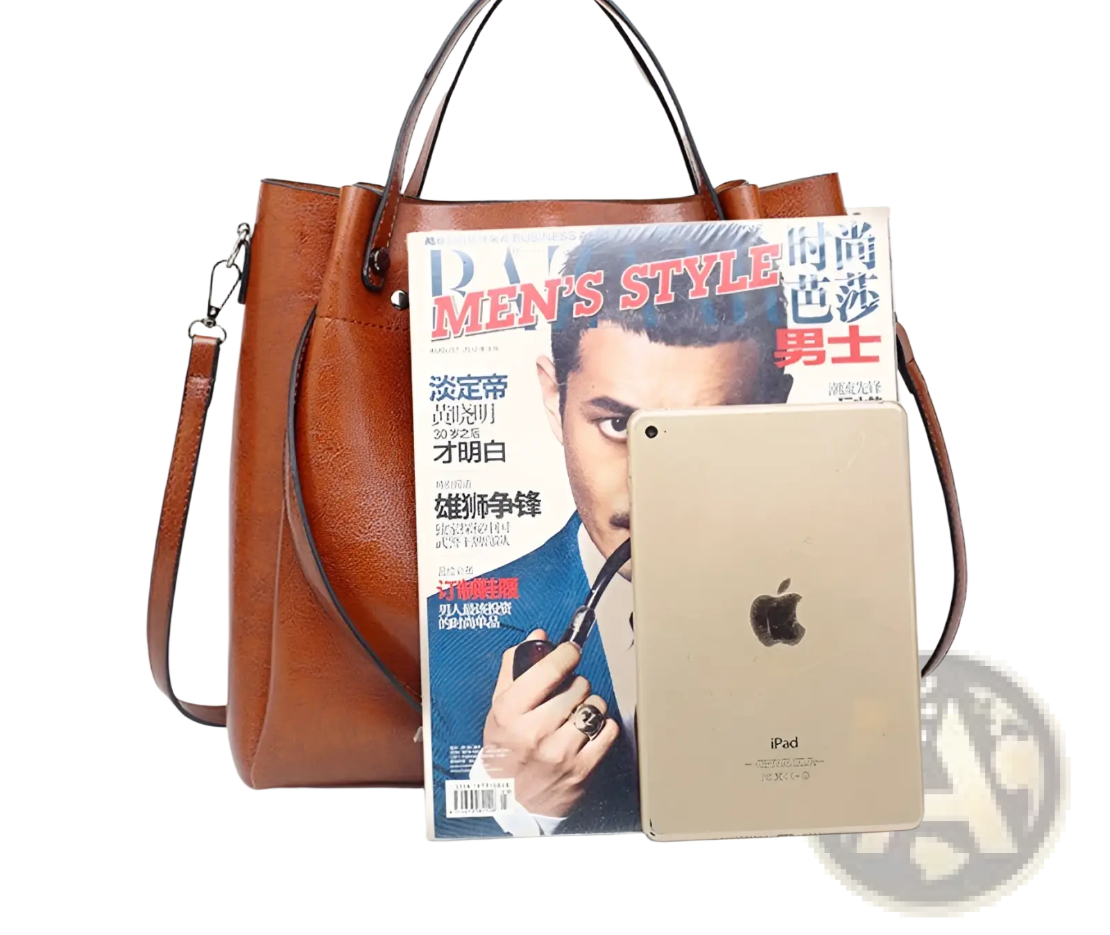 Large capacity brown faux leather tote shoulder bag with structured handles and detachable shoulder strap