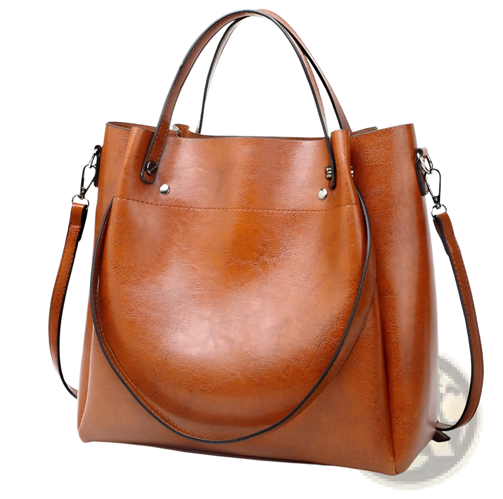 Brown leather large capacity tote shoulder bag with top handles and detachable shoulder strap made of faux leather