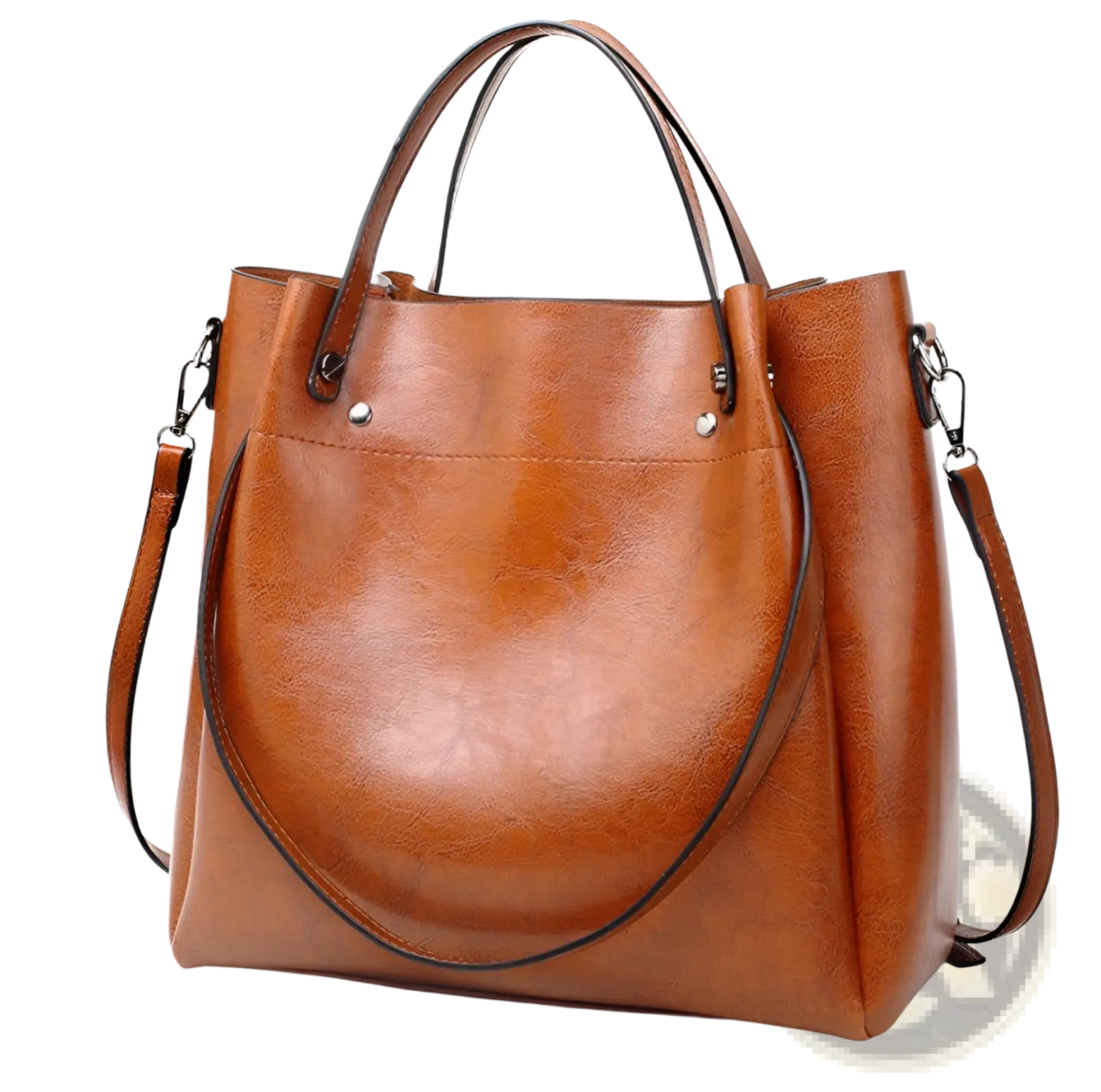 Brown leather large capacity tote shoulder bag with top handles and detachable shoulder strap made of faux leather