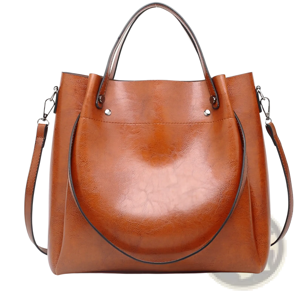 A tan faux leather large capacity tote shoulder bag with structured shape, dual top handles, and adjustable strap