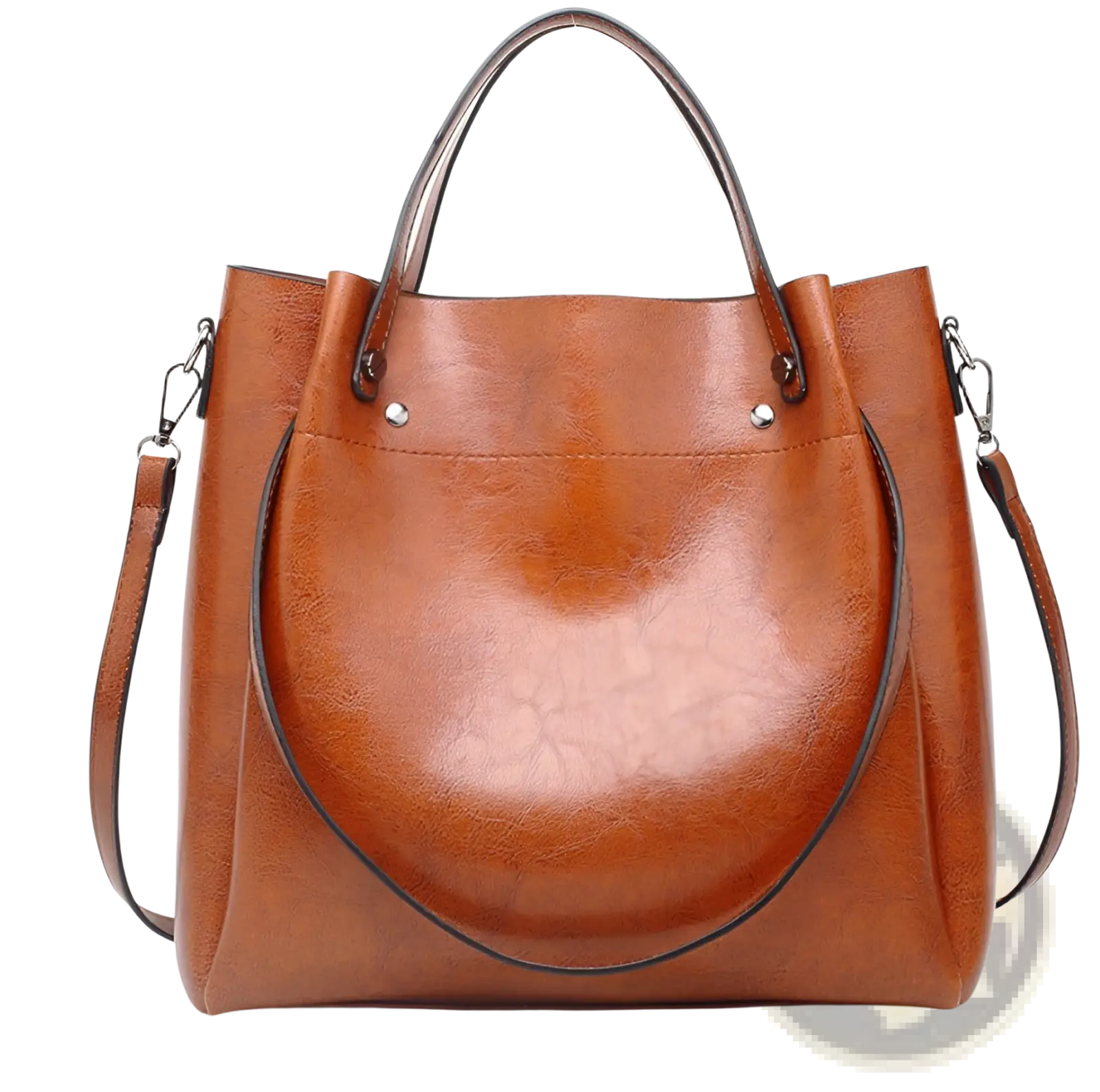 A tan faux leather large capacity tote shoulder bag with structured shape, dual top handles, and adjustable strap