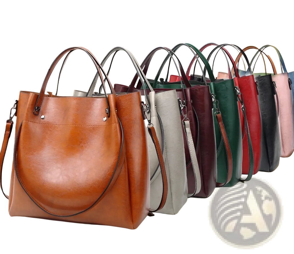 A large capacity warm brown faux leather tote shoulder bag with structured shape and contrasting dark handles