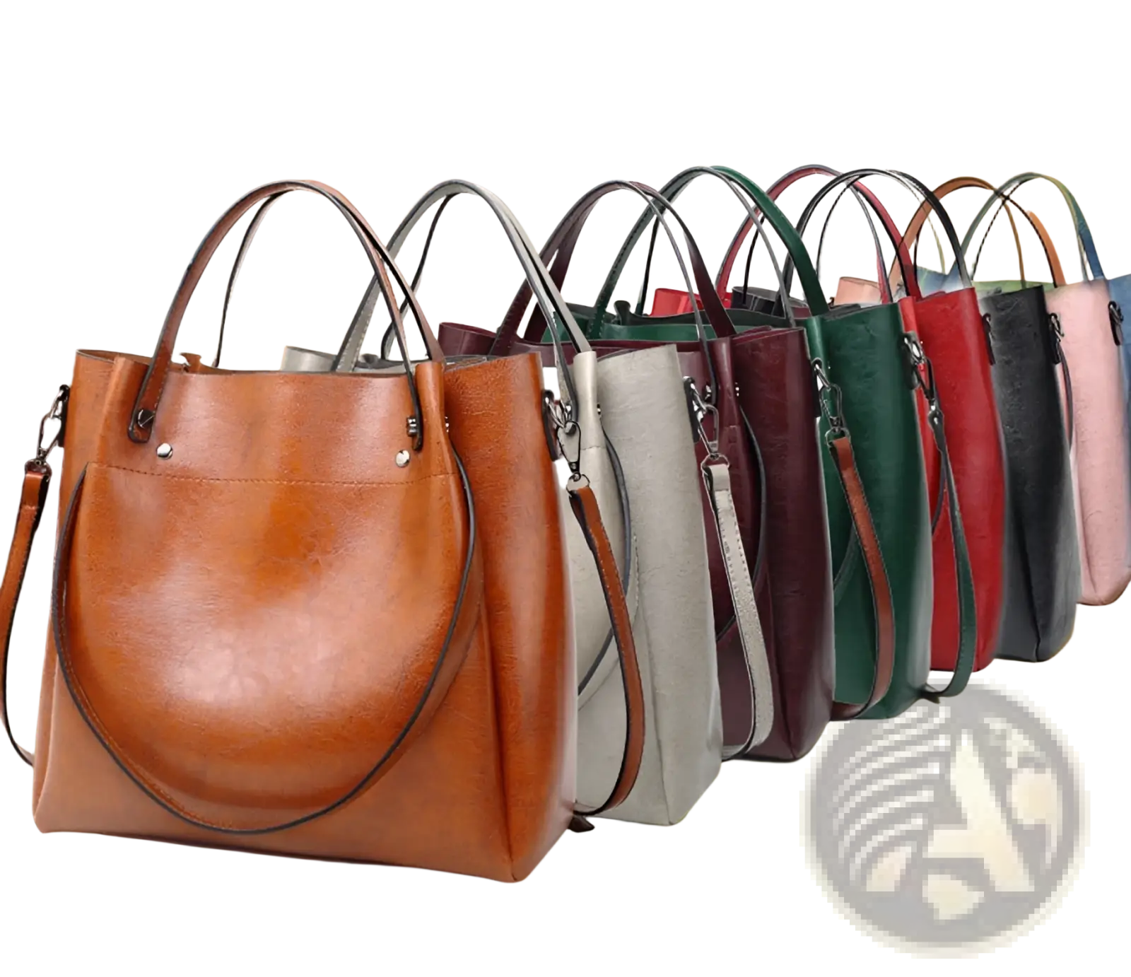 A large capacity warm brown faux leather tote shoulder bag with structured shape and contrasting dark handles