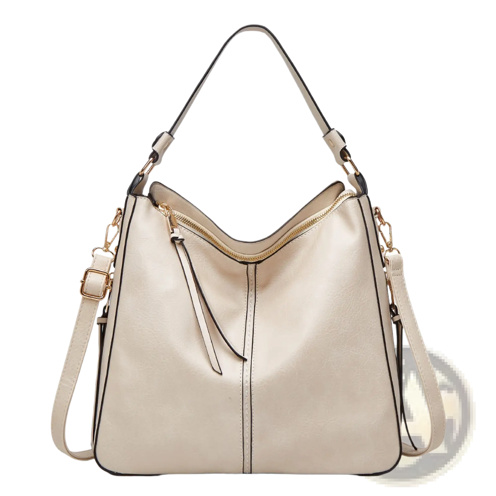 Large capacity cream-colored faux leather zippered hobo shoulder bag with black trim and gold-tone hardware