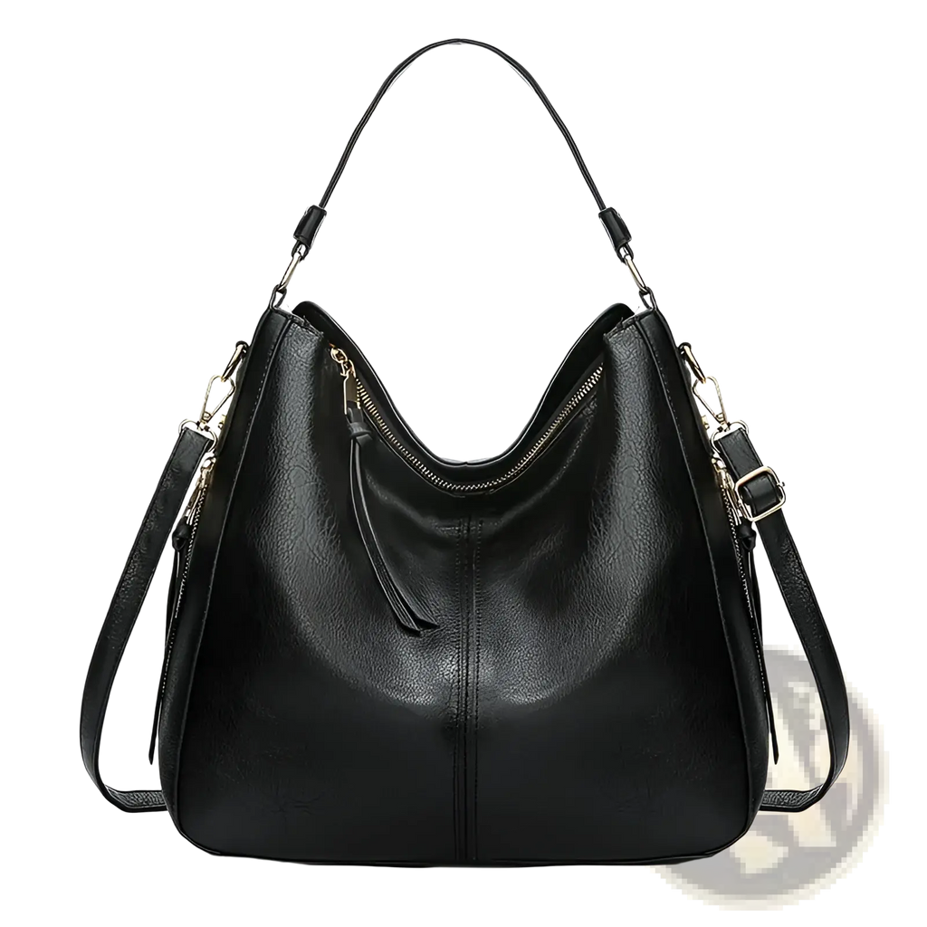 Large capacity black faux leather zippered hobo shoulder bag with gold-tone hardware and detachable strap
