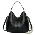 Large capacity black faux leather zippered hobo shoulder bag with gold-tone hardware and detachable strap