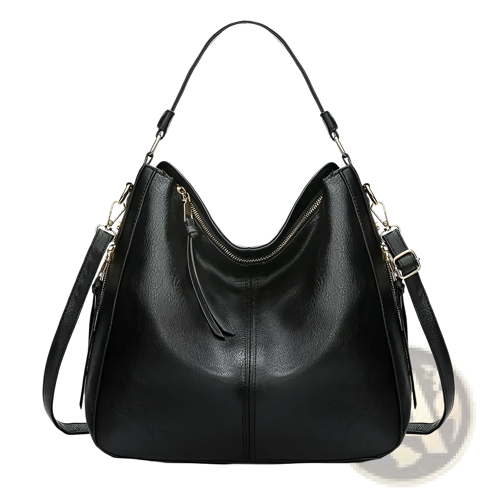 Large capacity black faux leather zippered hobo shoulder bag with gold-tone hardware and detachable strap