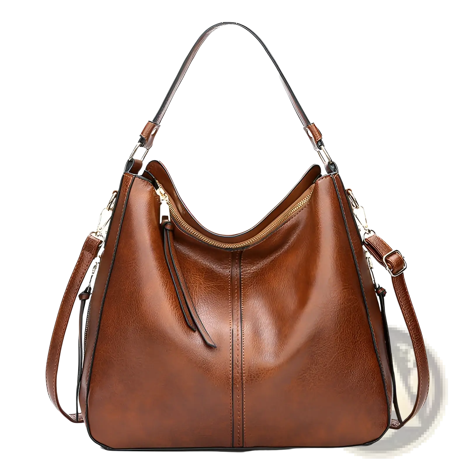 Large capacity brown faux leather hobo shoulder bag with zippered closure single shoulder strap and adjustable crossbody strap