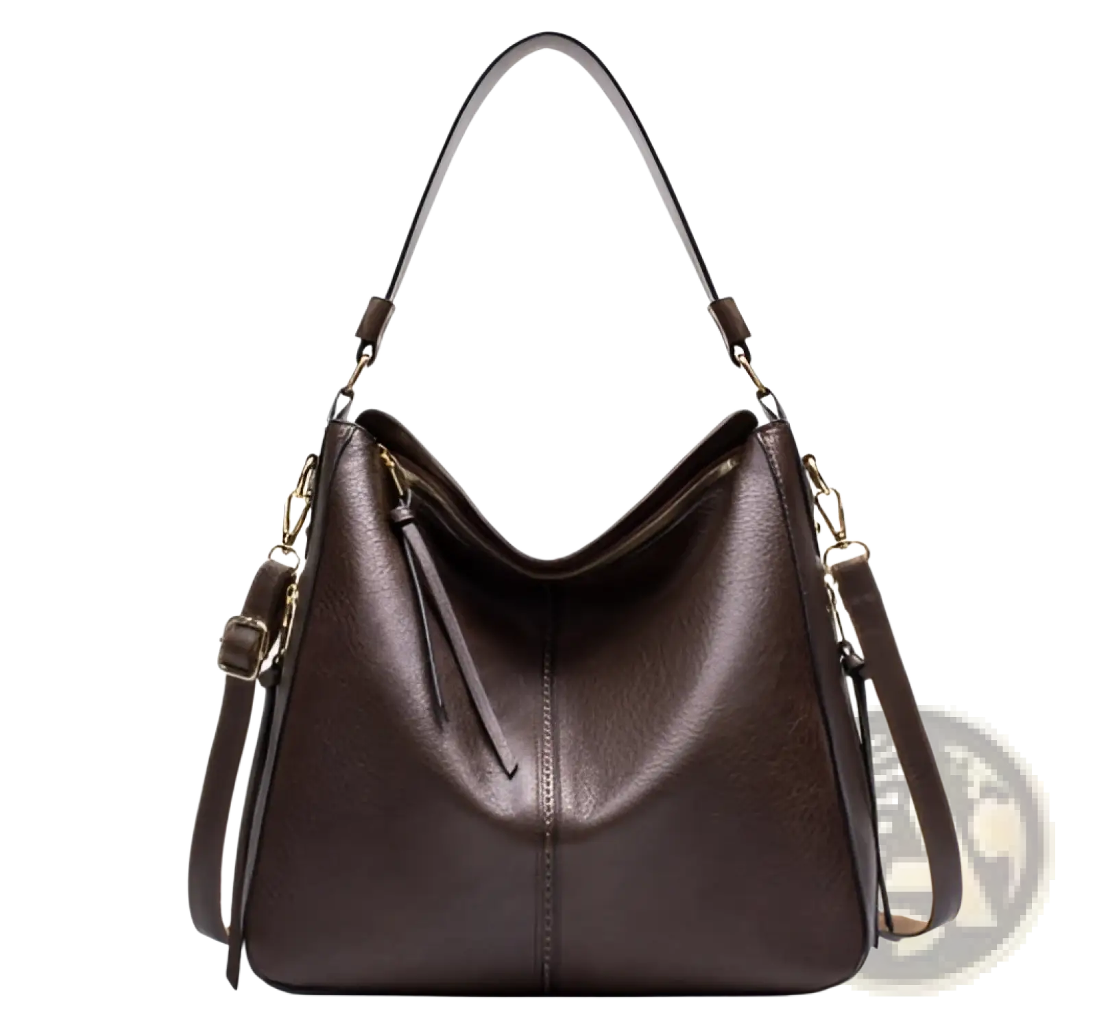 Large capacity brown faux leather zippered hobo shoulder bag with soft textured finish and gold tone hardware accents
