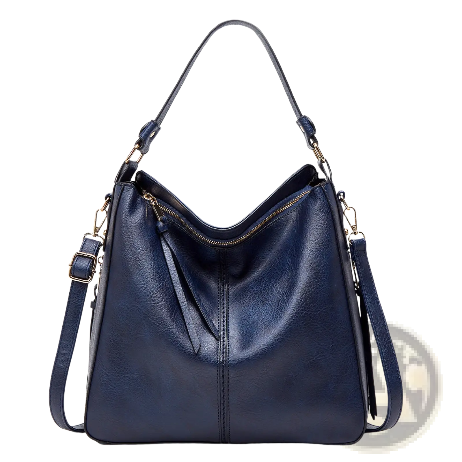 Deep navy blue large capacity hobo shoulder bag in faux leather with gold-tone hardware and detachable strap