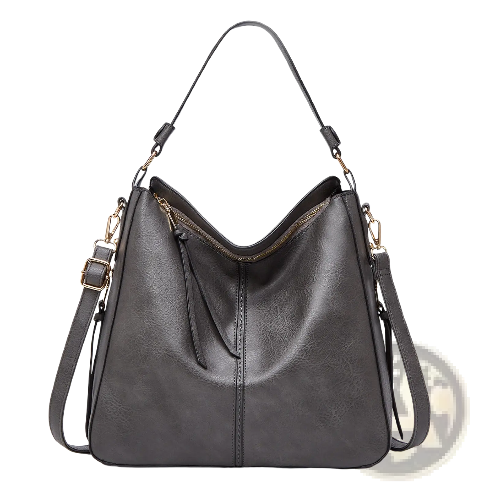 Dark gray faux leather large capacity zippered hobo shoulder bag with gold-tone hardware and adjustable strap