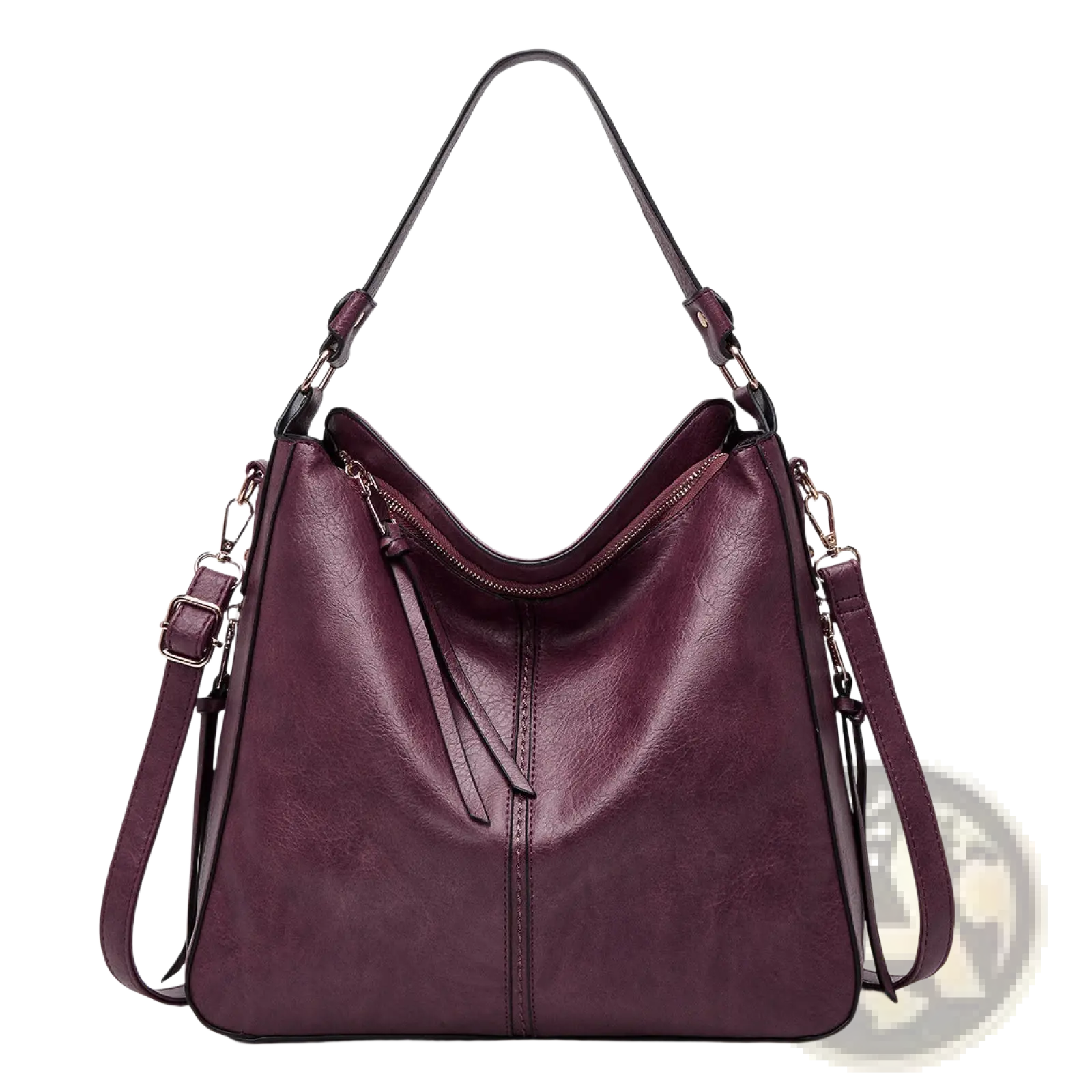 A deep burgundy faux leather large capacity zippered hobo shoulder bag with single top handle and detachable strap
