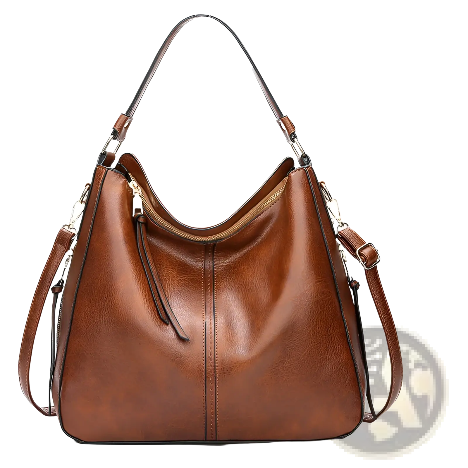 Brown leather large capacity faux leather zippered hobo shoulder bag with single shoulder strap and detachable crossbody strap