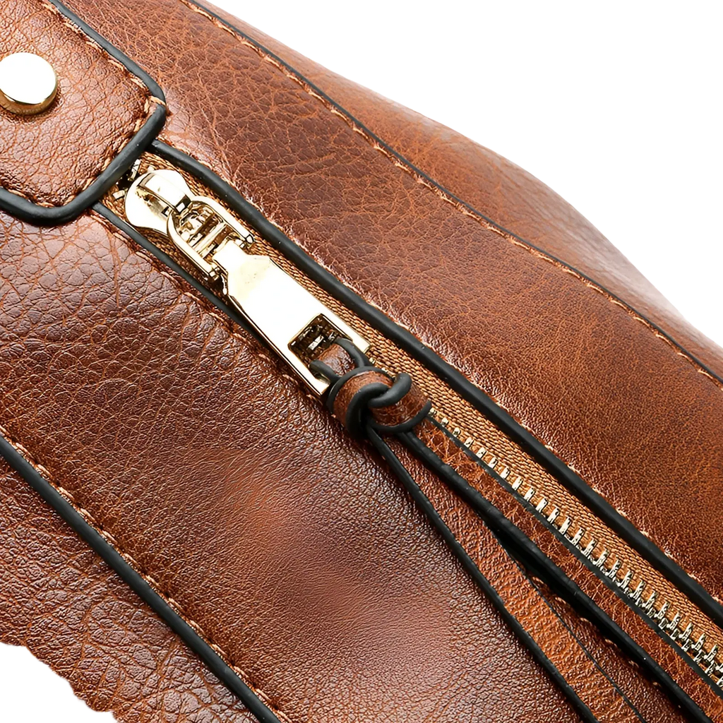 Large capacity brown faux leather hobo shoulder bag with gold-toned zipper and black stitching for everyday use