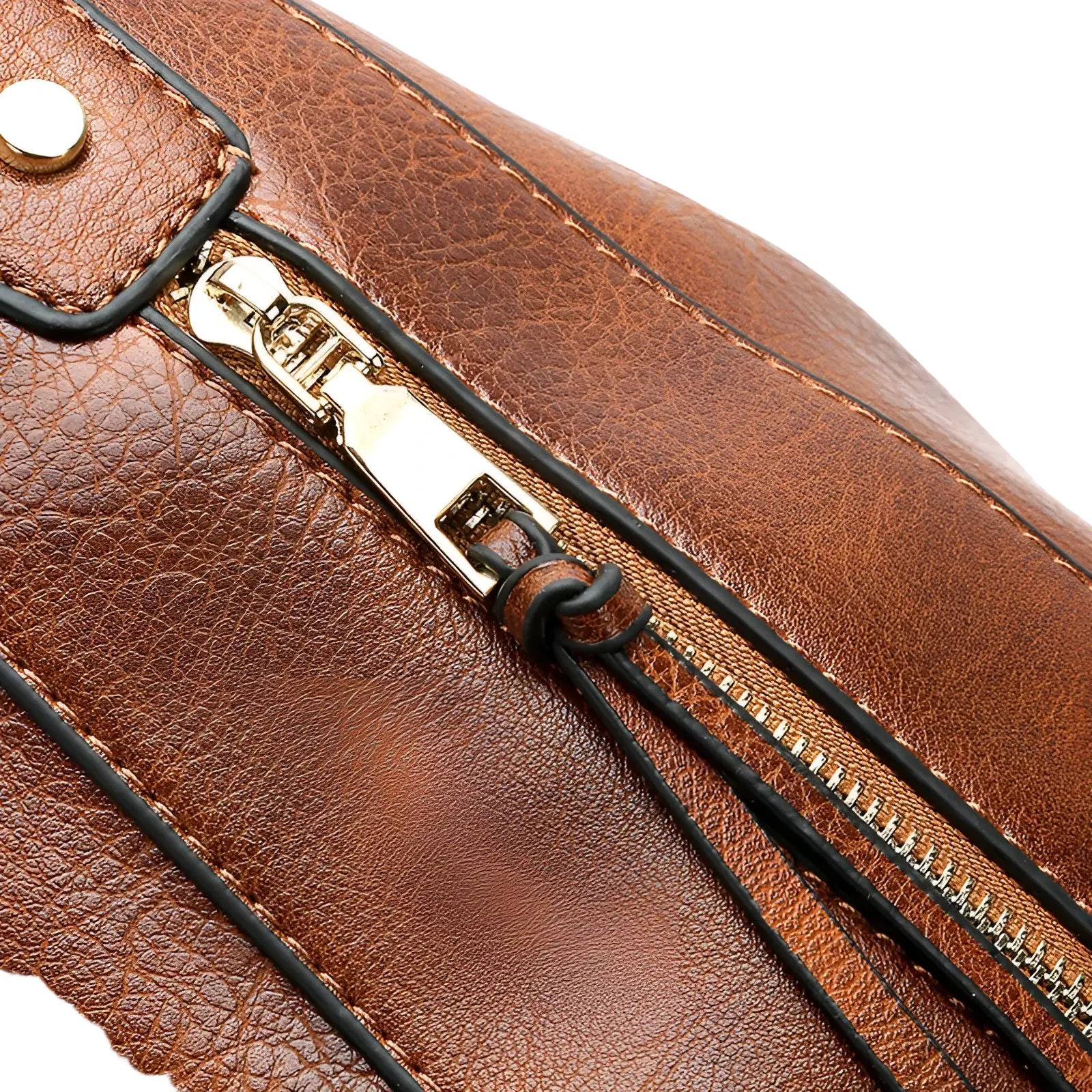 Large capacity brown faux leather hobo shoulder bag with gold-toned zipper and black stitching for everyday use