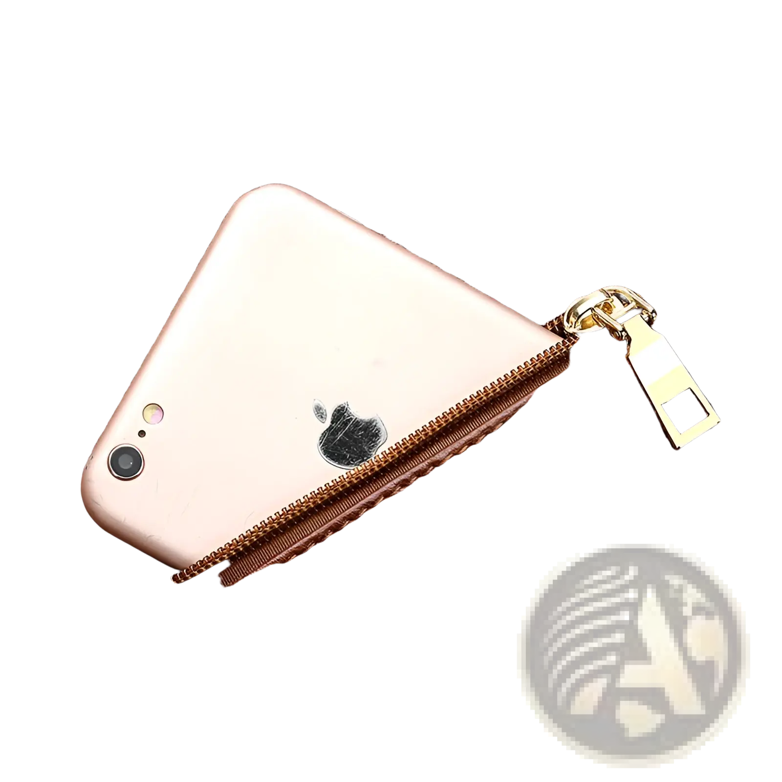 A rose gold iphone rests inside a large capacity brown faux leather zippered hobo shoulder bag with visible stitching