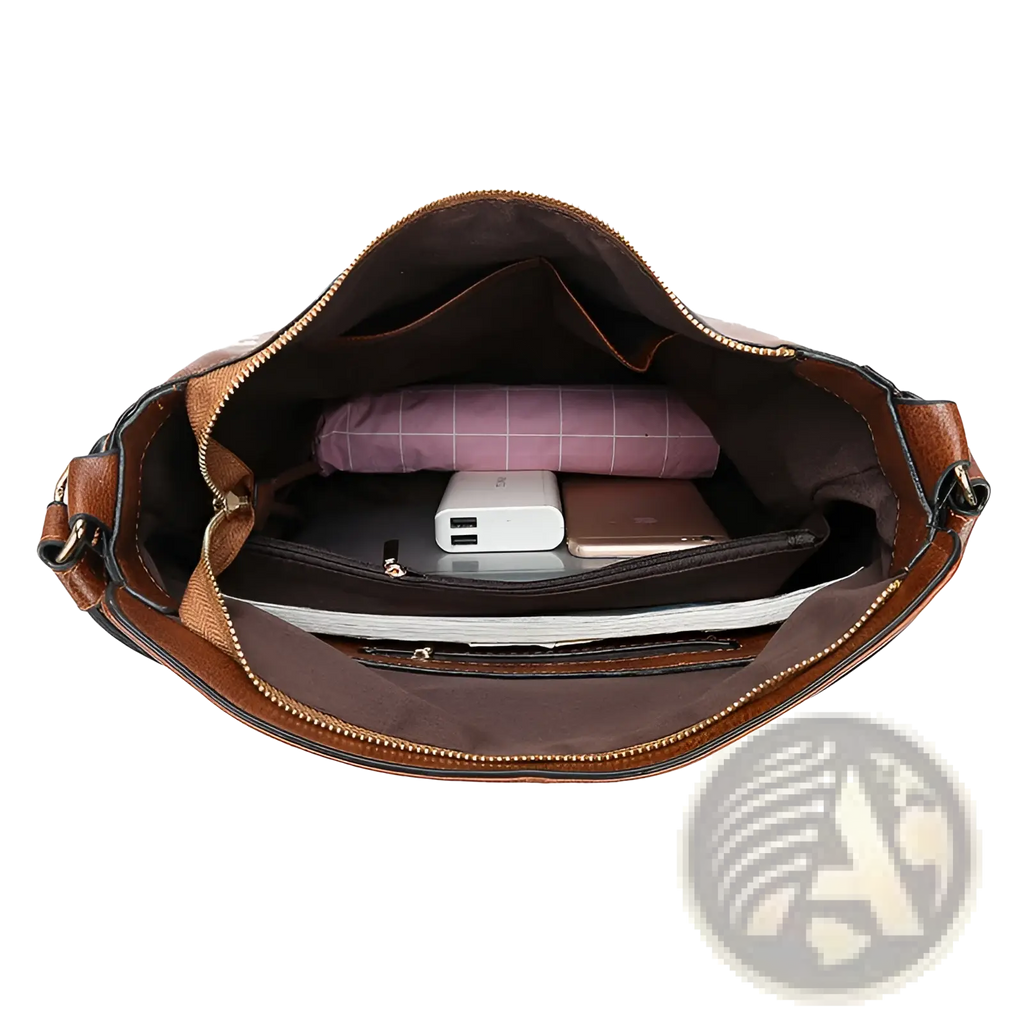 Large capacity brown faux leather zippered hobo shoulder bag with spacious interior and dark brown lining