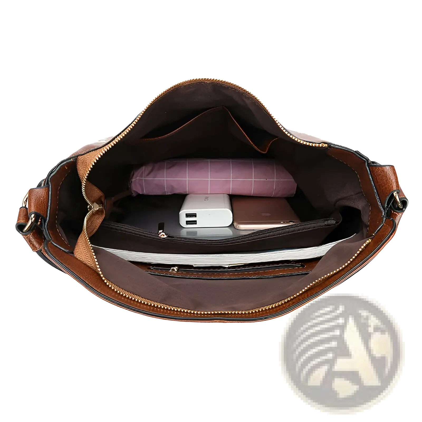 Large capacity brown faux leather zippered hobo shoulder bag with spacious interior and dark brown lining