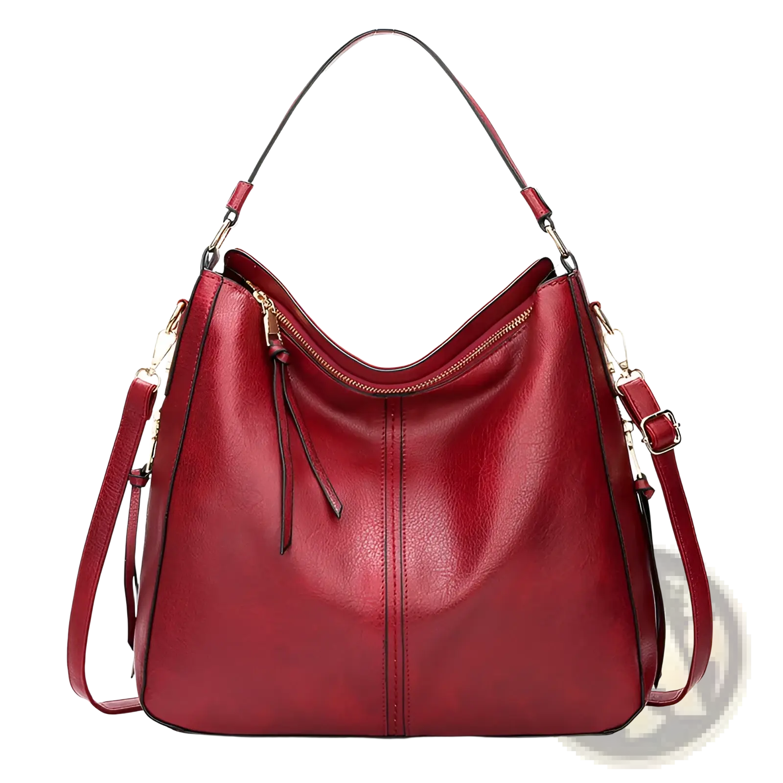 Large capacity red faux leather zippered hobo shoulder bag with single shoulder strap and adjustable crossbody strap