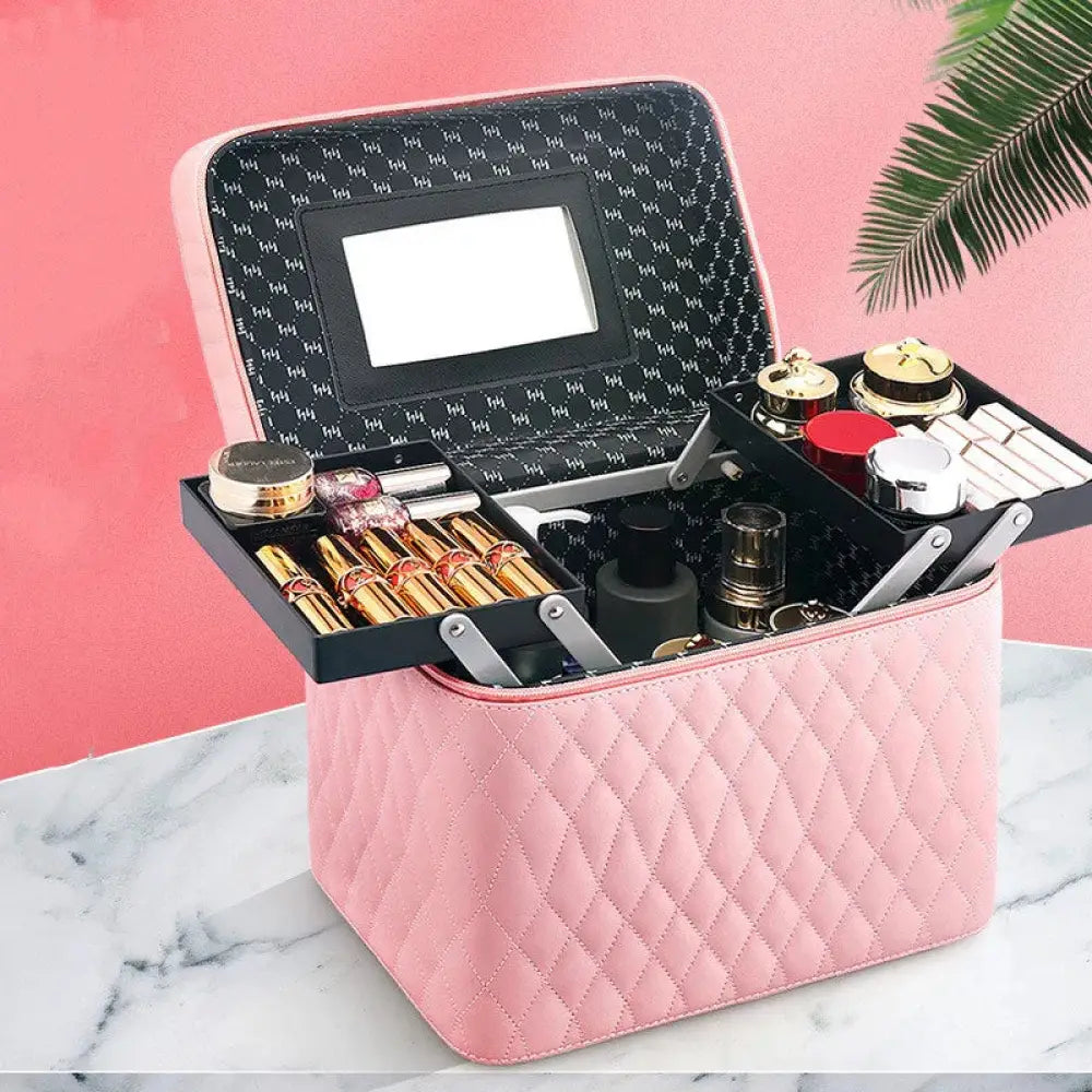 Pink quilted korean travel cosmetic case with built-in mirror and multiple compartments for organizing makeup