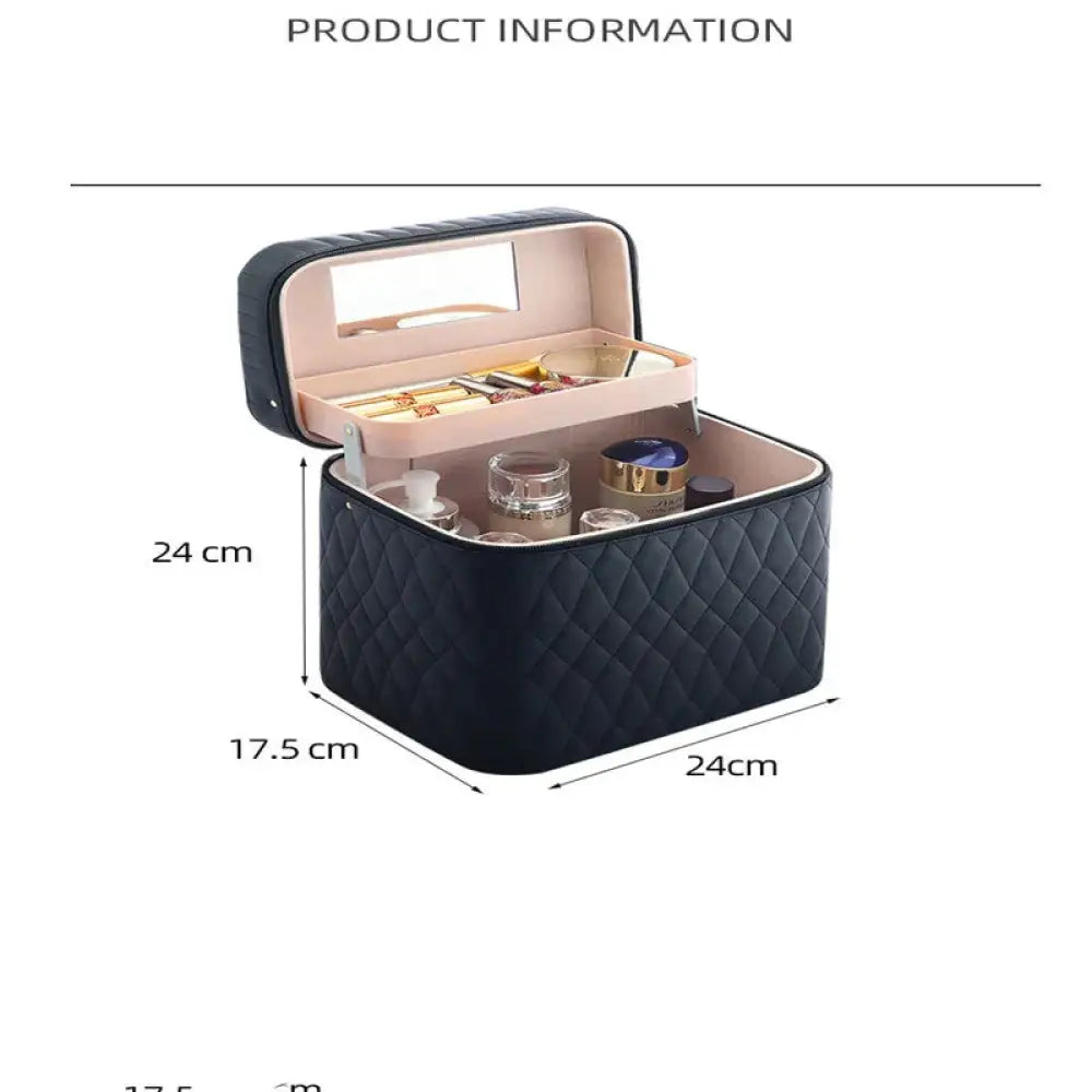 Black quilted Korean travel cosmetic case with a mirrored lid and beige interior compartments for makeup organization