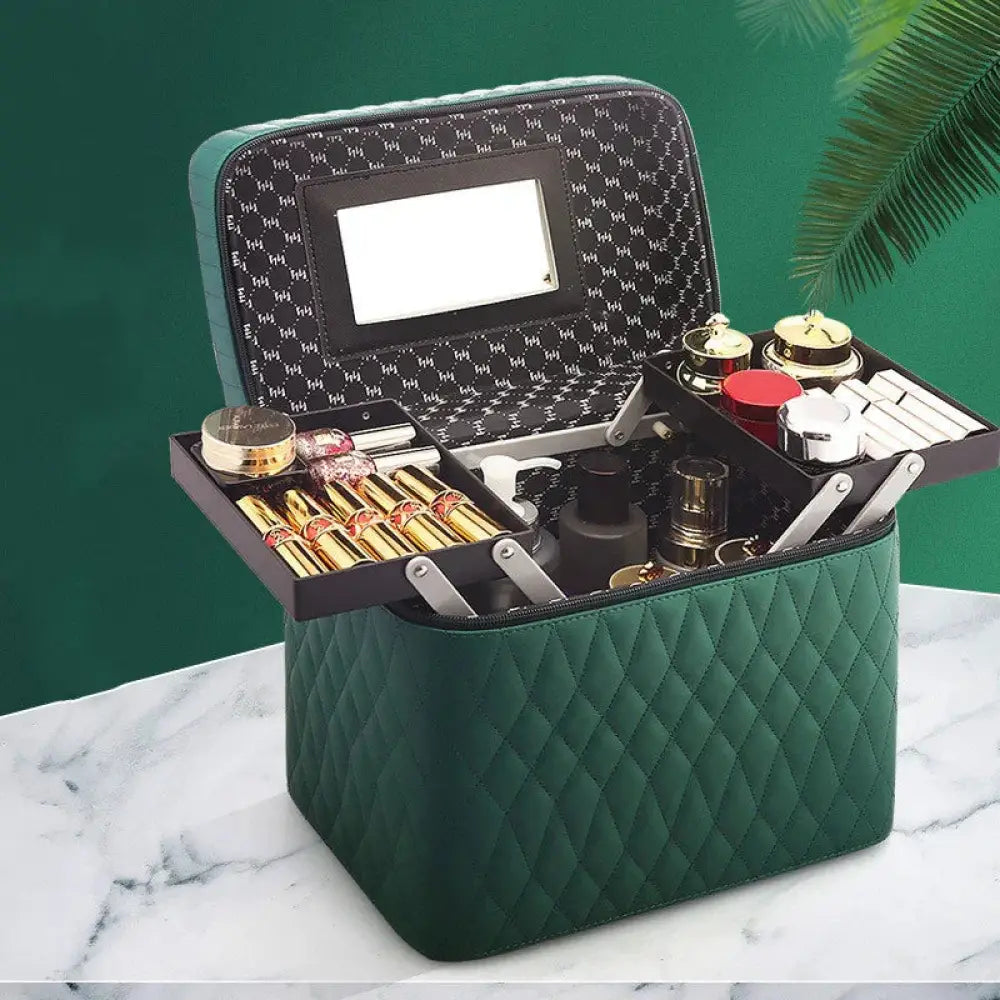 Quilted korean travel cosmetic case in emerald green with black patterned interior and built-in mirror