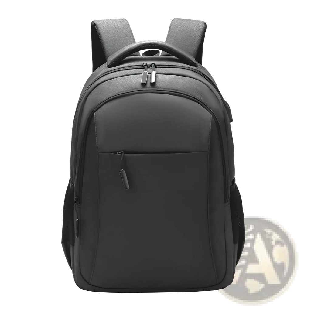 Black large capacity laptop backpack made of oxford fabric with padded shoulder straps and multiple zippered compartments