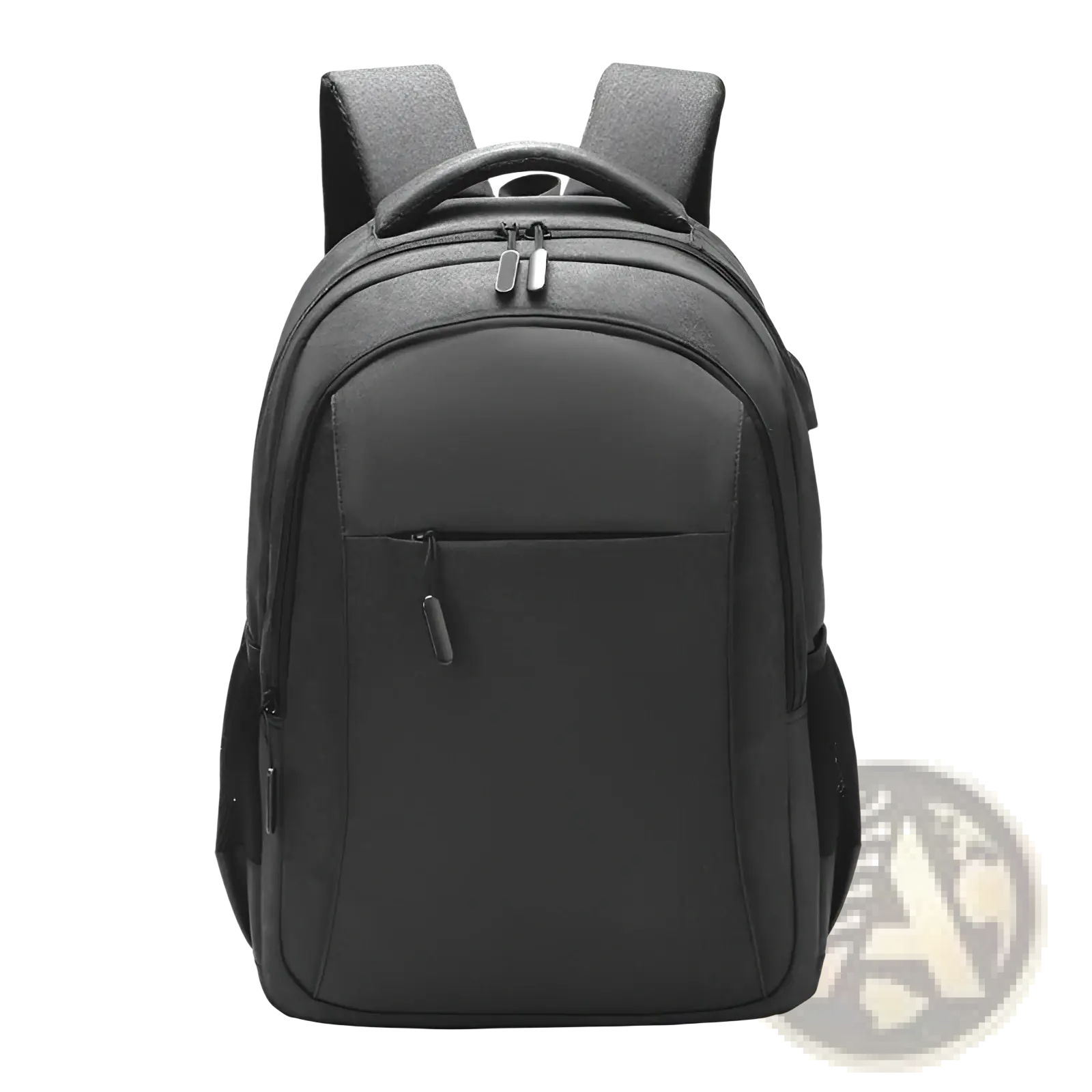 Black large capacity laptop backpack made of oxford fabric with padded shoulder straps and multiple zippered compartments