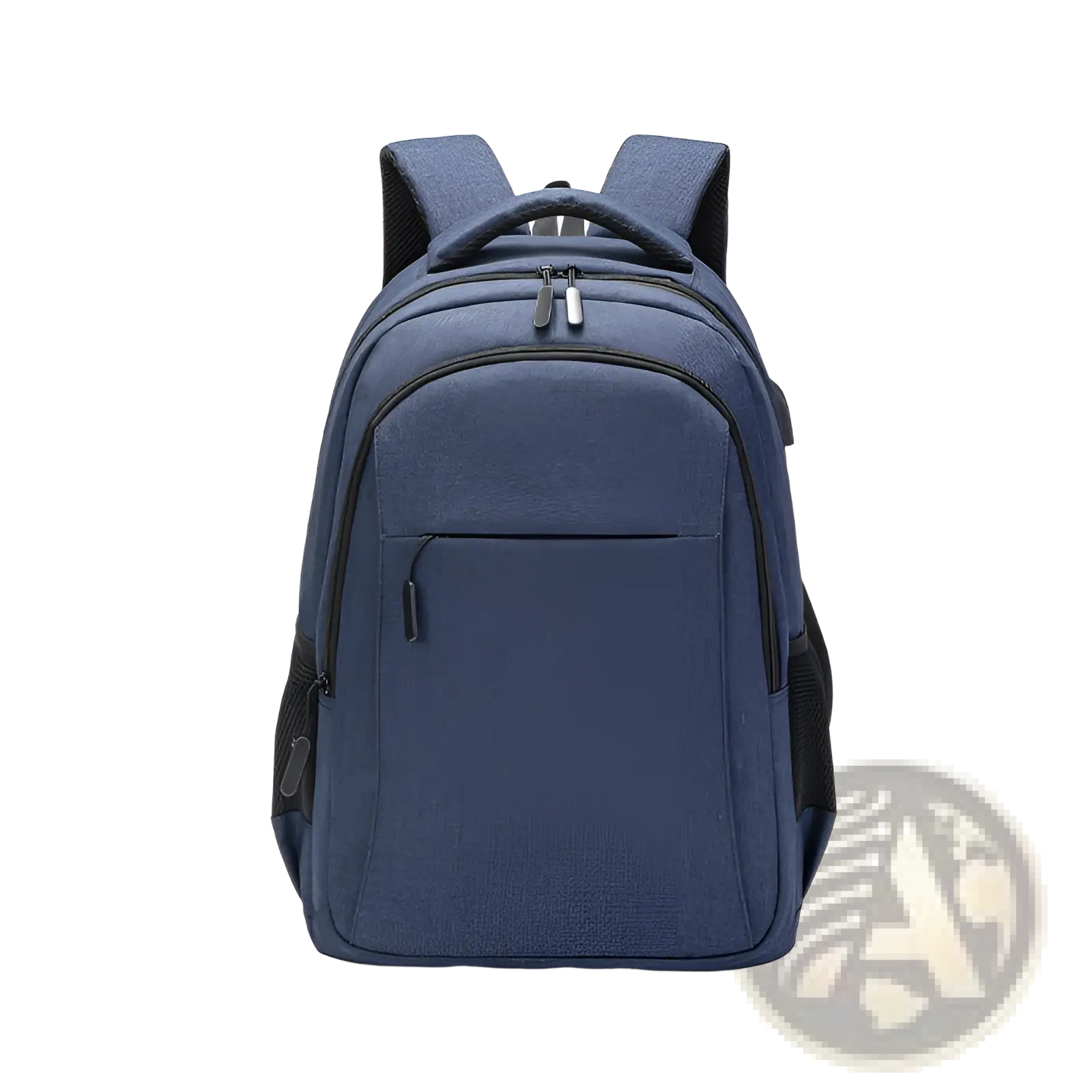 Navy blue large capacity laptop backpack made of textured oxford fabric with black zippers and mesh side pockets