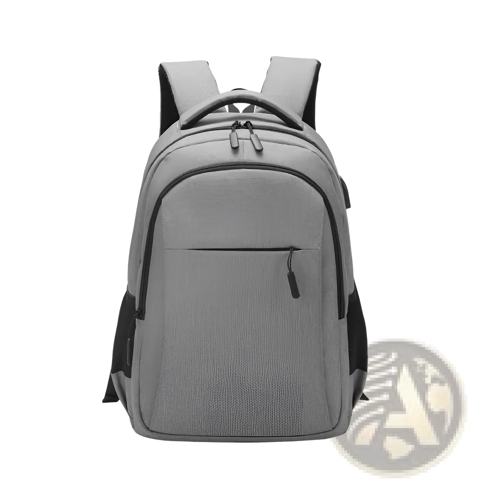 Gray textured large capacity laptop backpack travel oxford bag with black zippers and shoulder straps shown from the back side