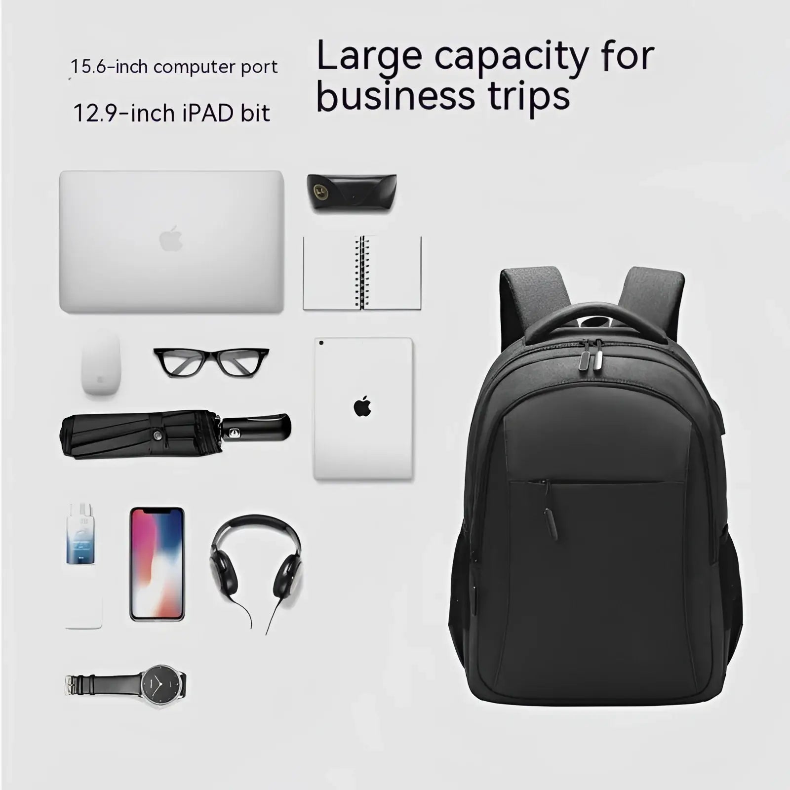 Black large capacity laptop backpack made of oxford fabric with multiple compartments and padded shoulder straps shown from the back