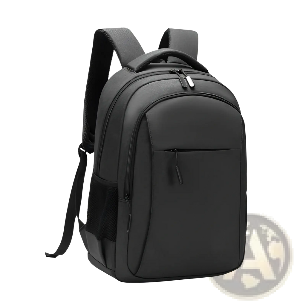 Black large capacity laptop backpack made of Oxford fabric with padded shoulder straps and front zippered pocket