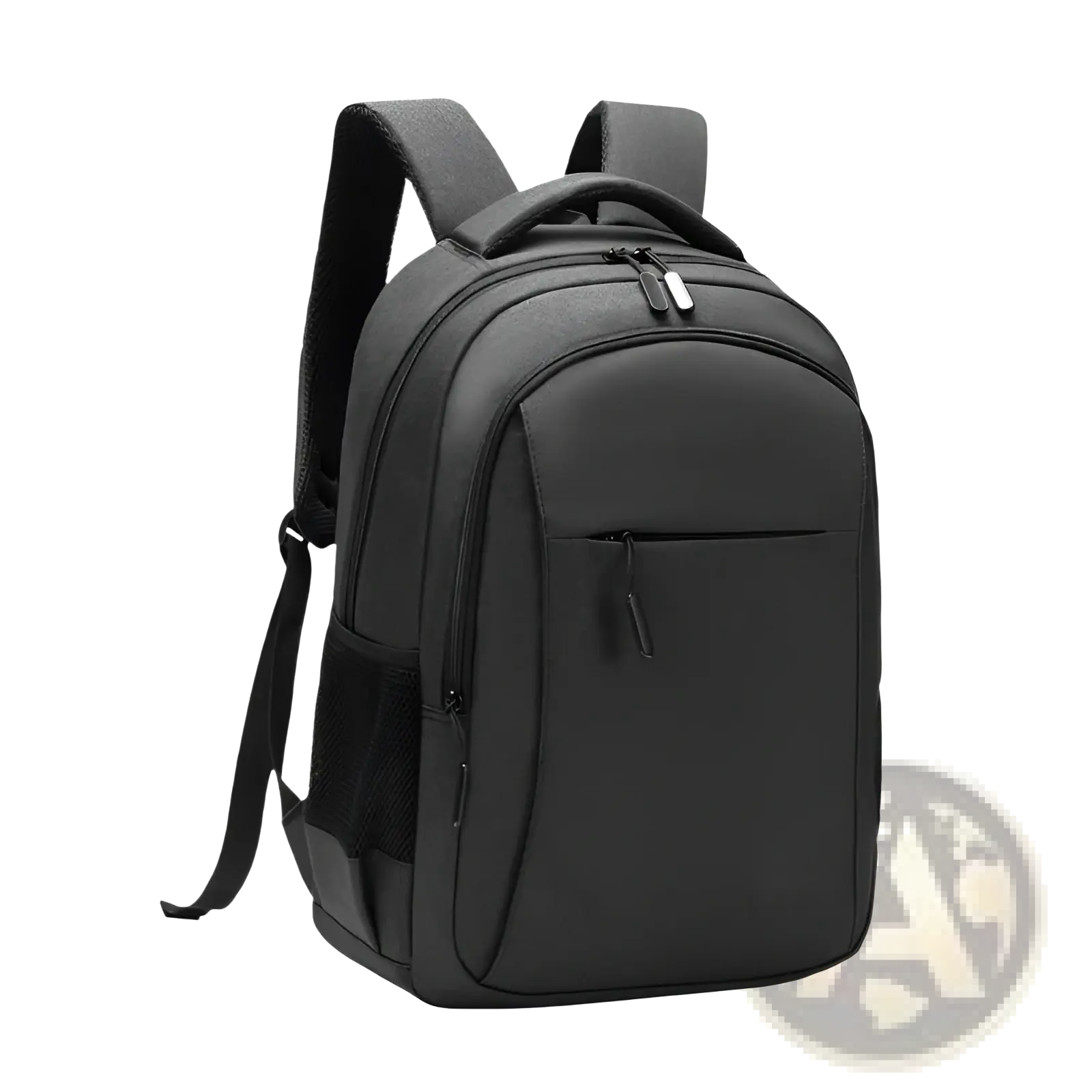Black large capacity laptop backpack made of Oxford fabric with padded shoulder straps and front zippered pocket