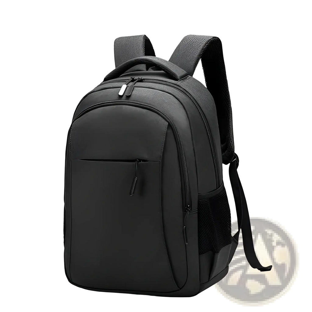 Large capacity black oxford laptop backpack with padded shoulder straps and multiple zippered compartments shown from back side