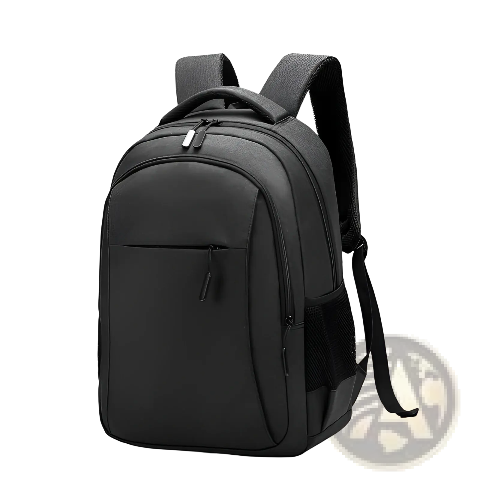 Large capacity black oxford laptop backpack with padded shoulder straps and multiple zippered compartments shown from back side