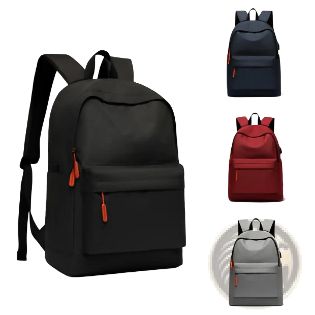 Large capacity laptop backpack travel Oxford bag in black with orange zipper pulls and front pocket shown in multiple colors