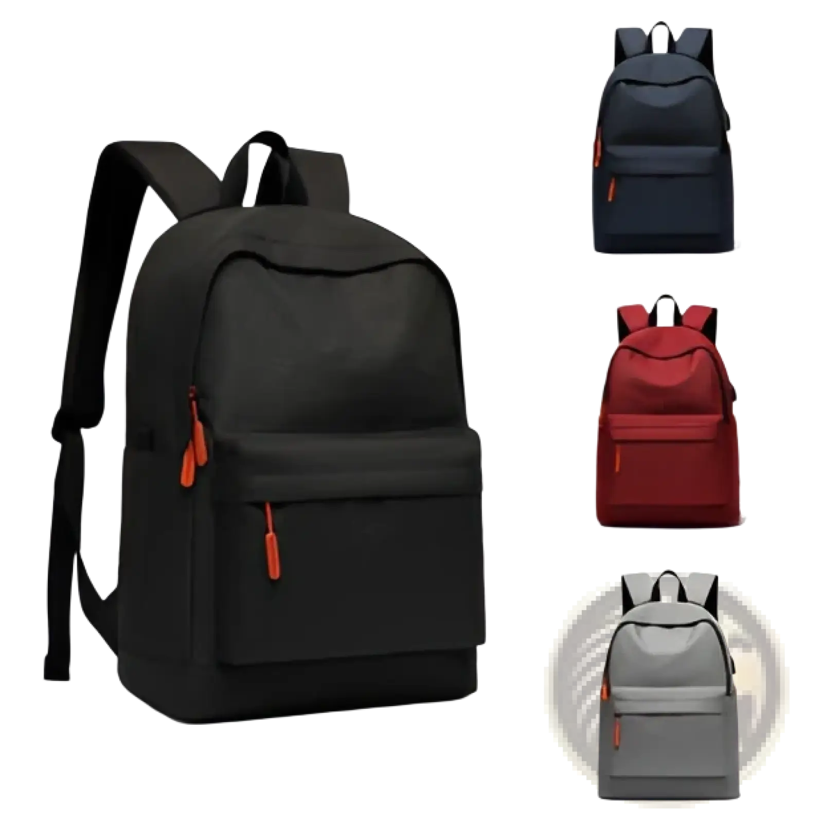 Large capacity laptop backpack travel Oxford bag in black with orange zipper pulls and front pocket shown in multiple colors