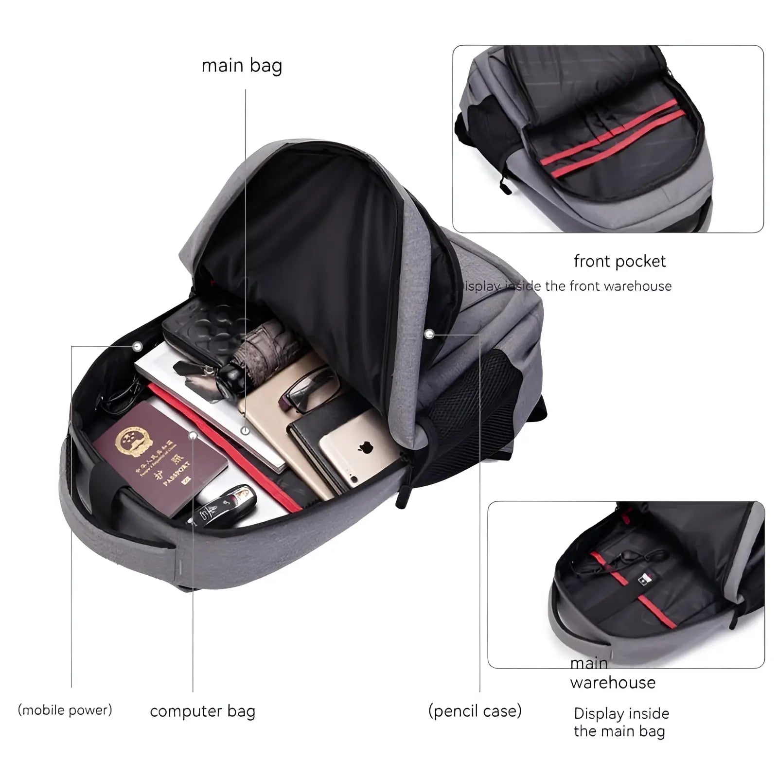 Large capacity gray and black oxford laptop backpack with red zipper accents main compartment front and mesh side pockets
