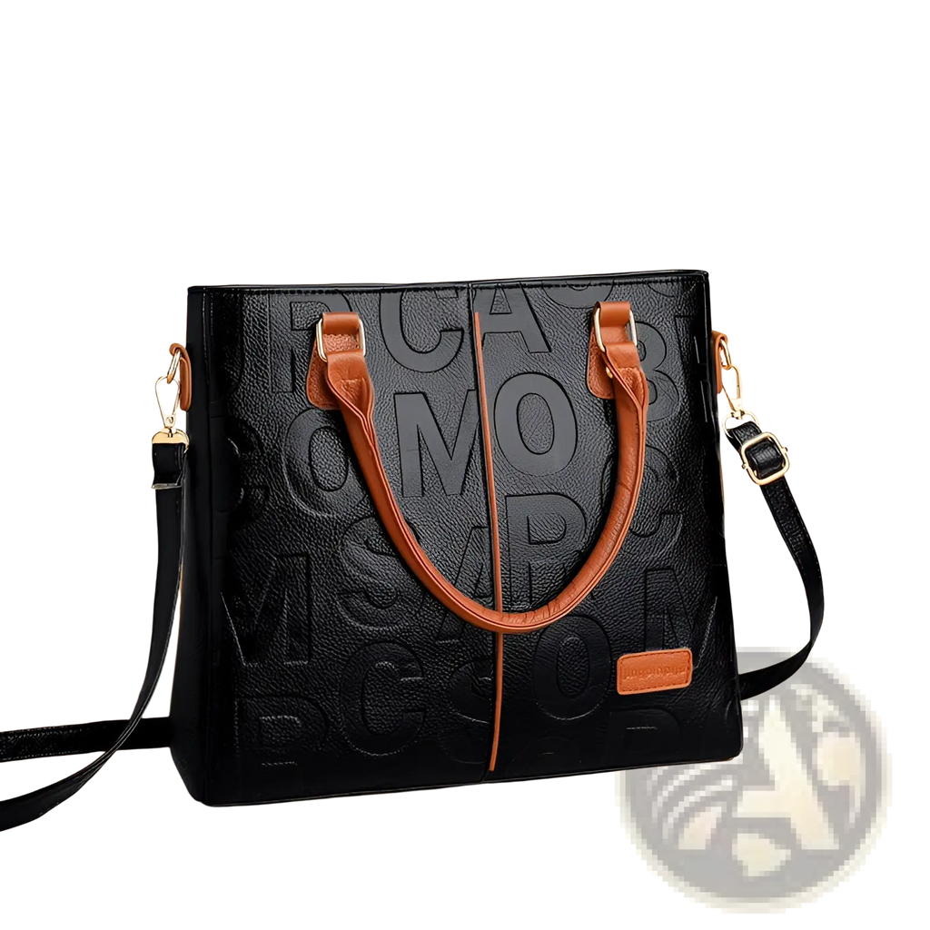 Large capacity black leather embossed shoulder bag with tan leather handles and strap accents textured design