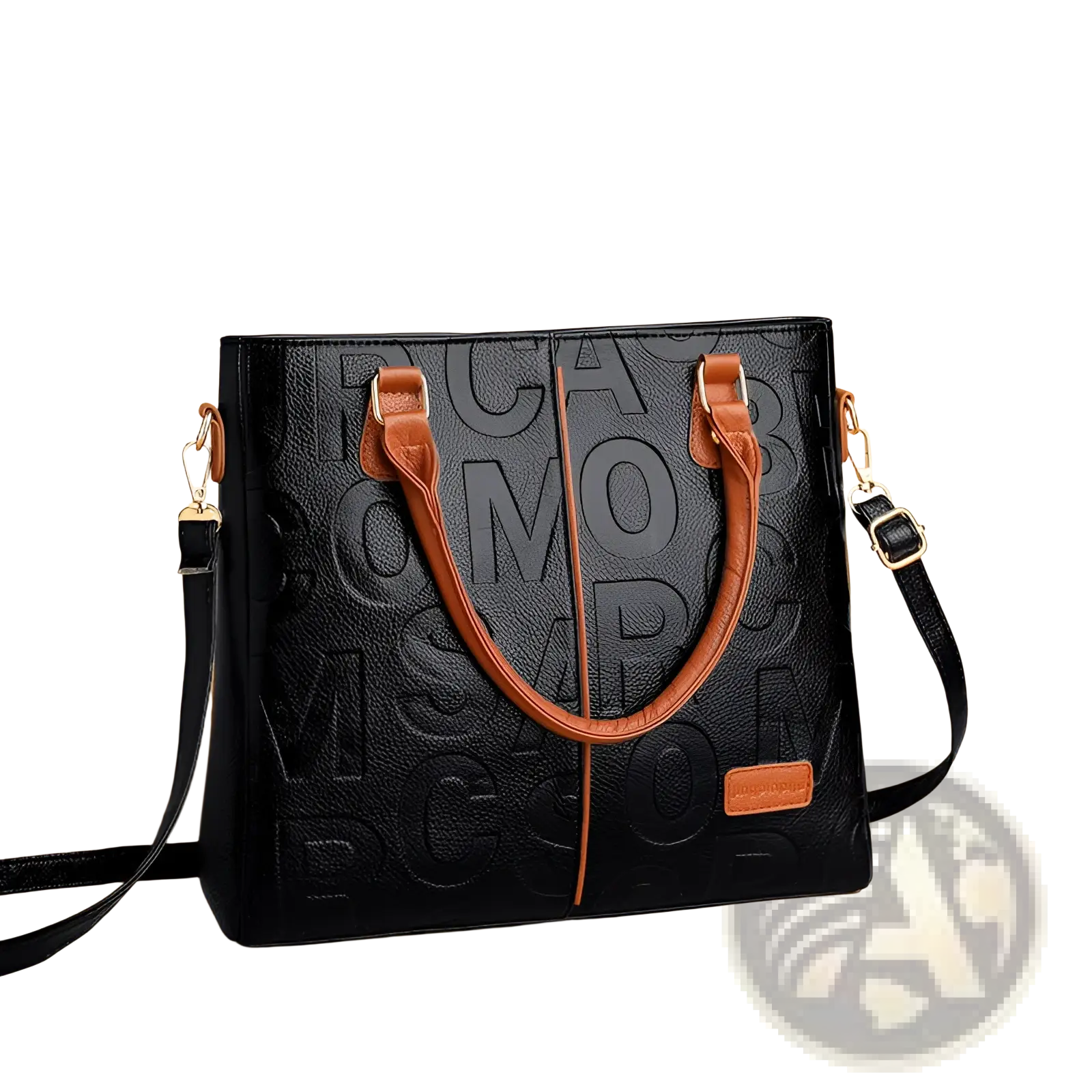 Large capacity black leather embossed shoulder bag with tan leather handles and strap accents textured design