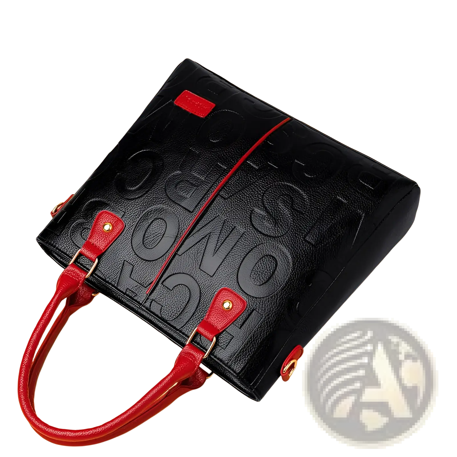 Black leather large capacity shoulder bag with red accents and embossed lettering for stylish storage