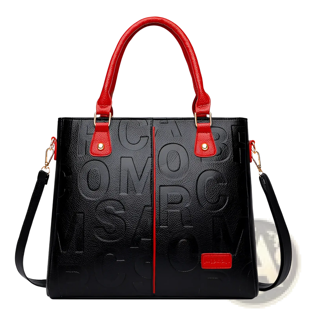 Large capacity black leather embossed shoulder bag with red leather handles and matching shoulder strap