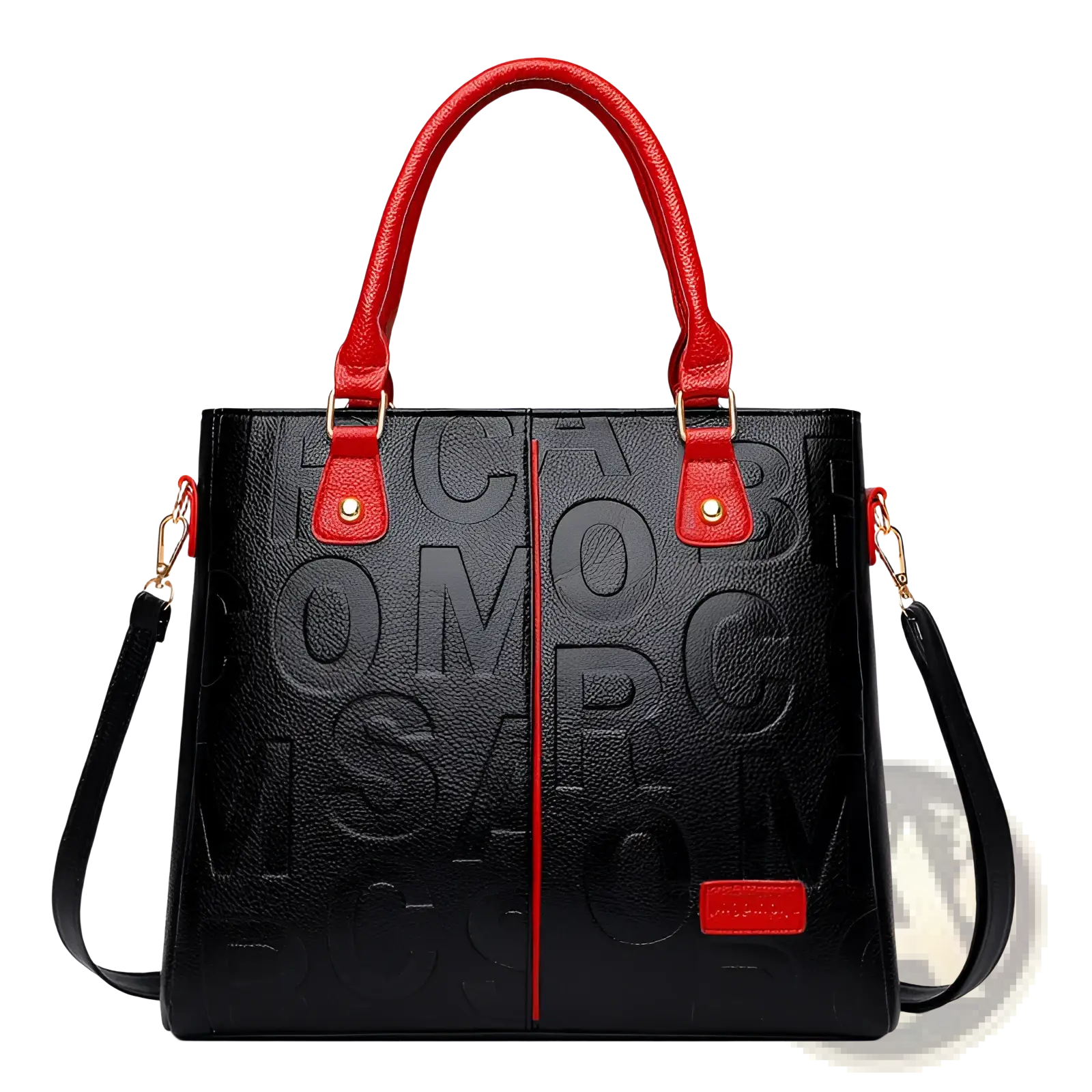 Large capacity black leather embossed shoulder bag with red leather handles and matching shoulder strap