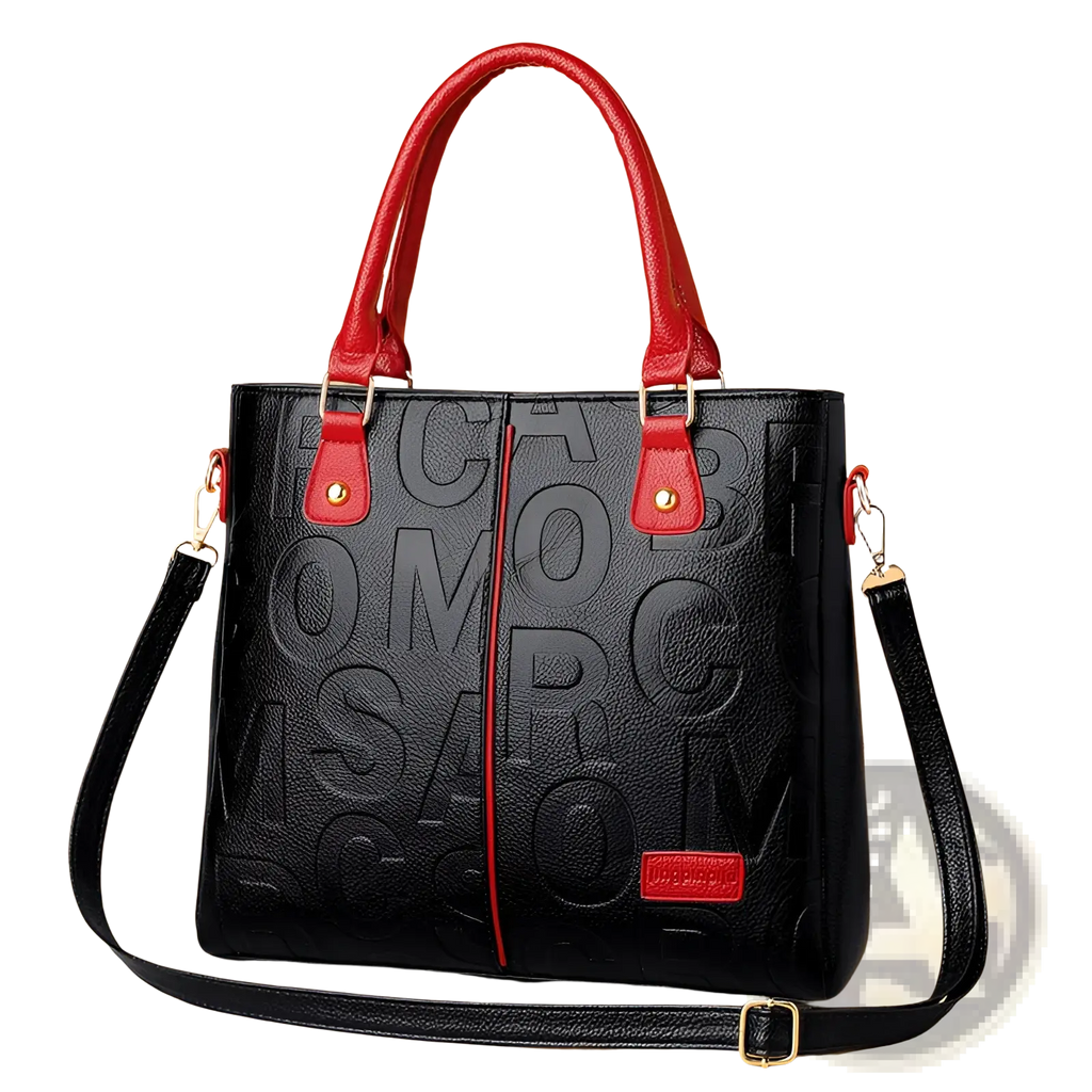 Large capacity black leather embossed shoulder bag with red handles and shoulder strap for stylish carrying